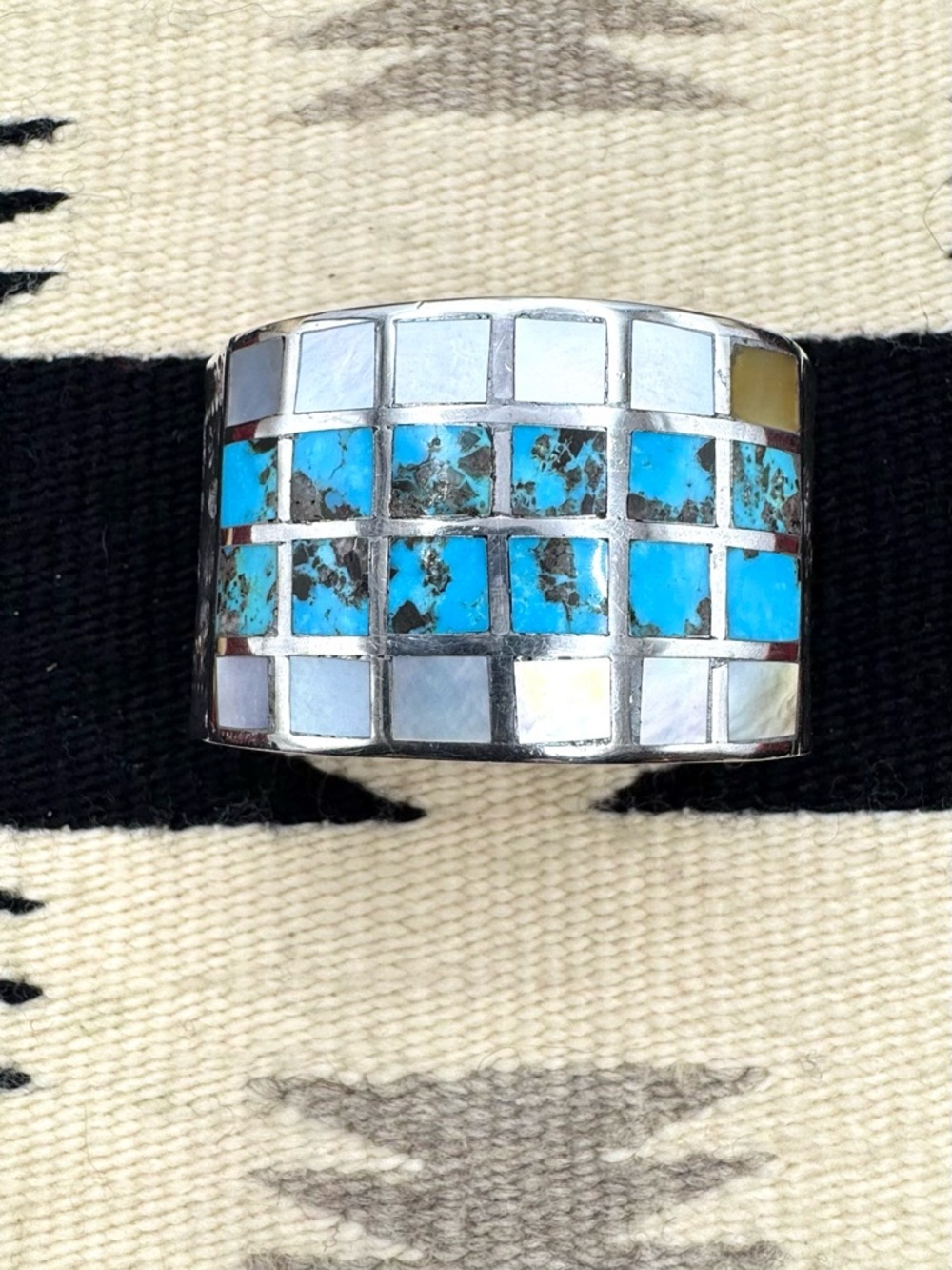 Navajo Native American Sterling Silver Turquoise Shell Inlay Cuff Bracelet 7 1/8
